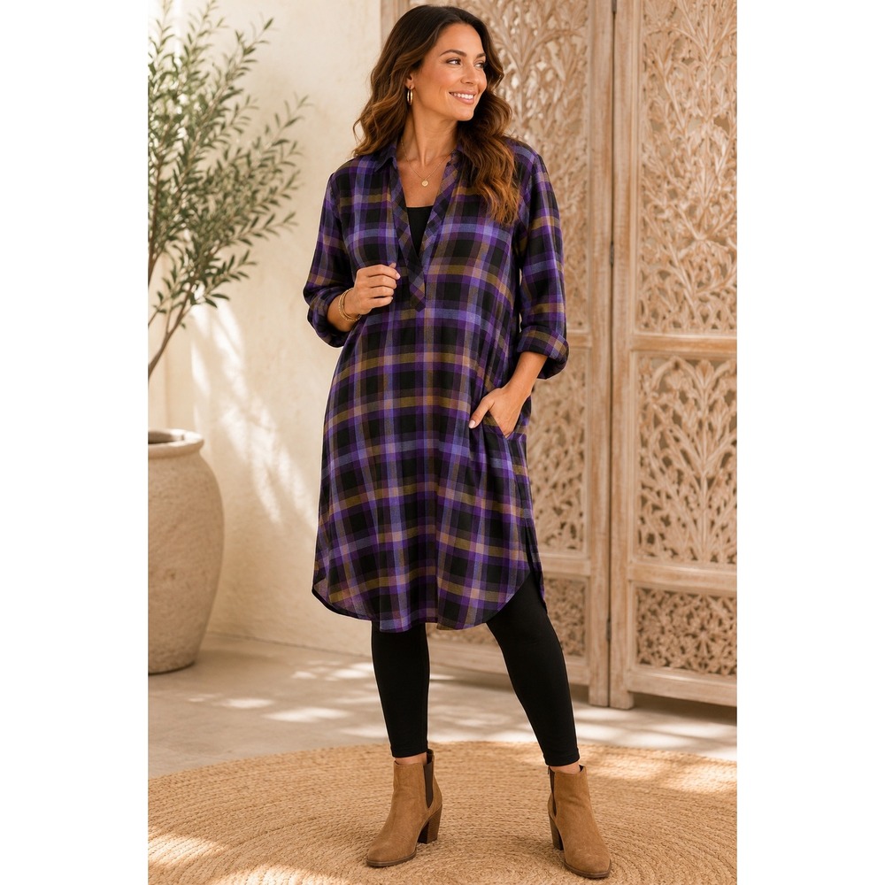 J. Jill Womens Purple Plaid Rayon Tunic Dress Long Sleeve V-Neck Fall Large